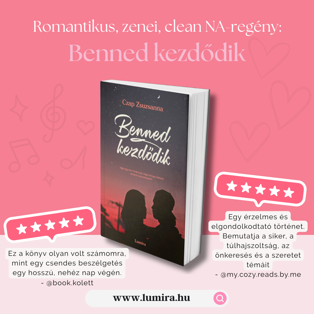 Rózsaszín háttéren könyv borítója, mellette ötcsillagos értékelő buborékok és szöveges ajánlások.